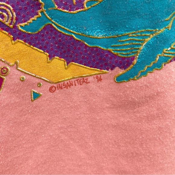 Vintage 90s Tshirt Aquatic Ocean Animal Print Turtle Dolphin Sea horse Sun Palms - Picture 3 of 9